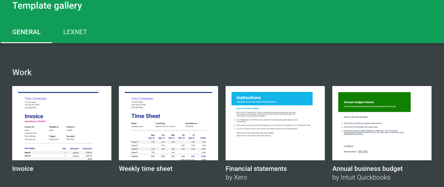 Google Sheets template gallery showing business and personal spreadsheet templates