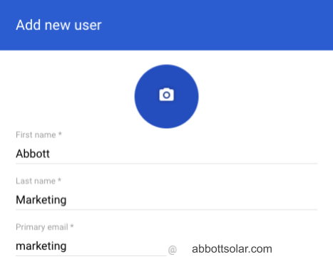 Google Admin Add new user form creating a shared marketing account