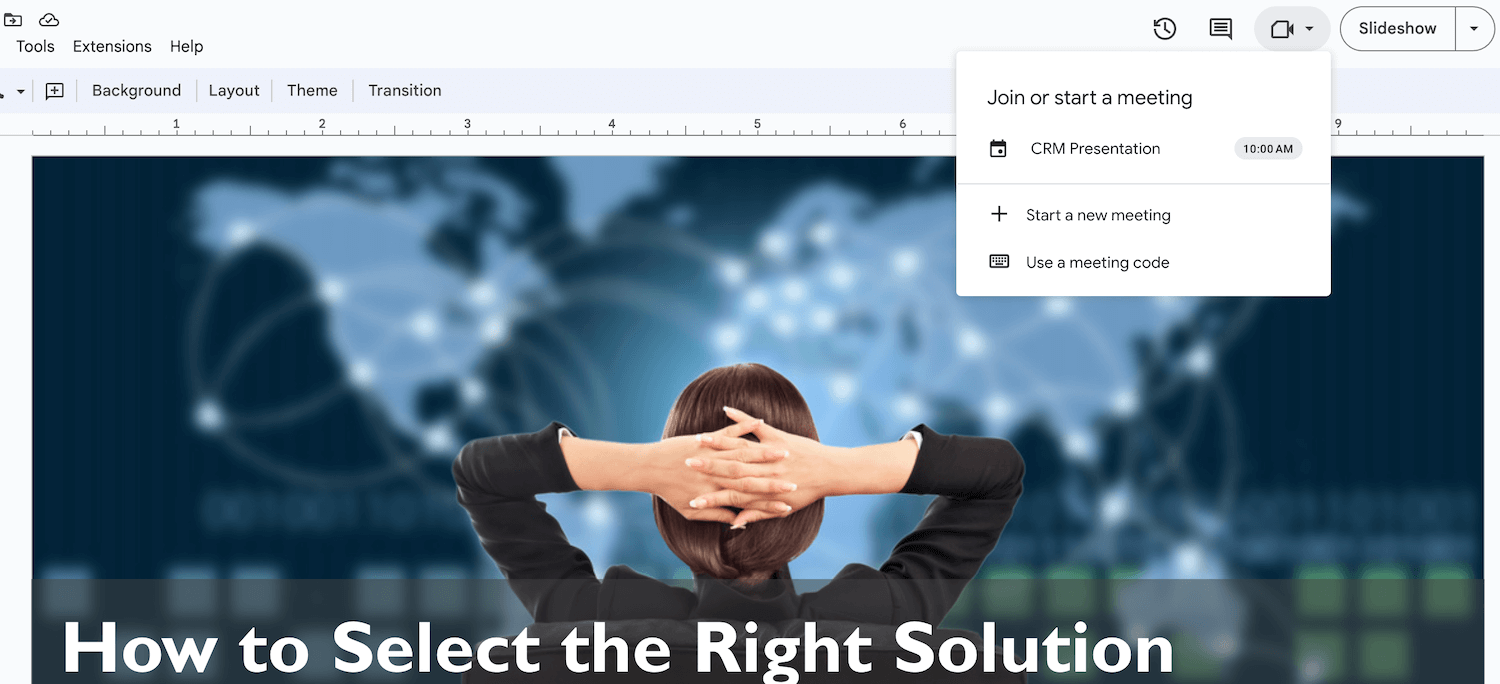Join or start a meeting from Google Slides