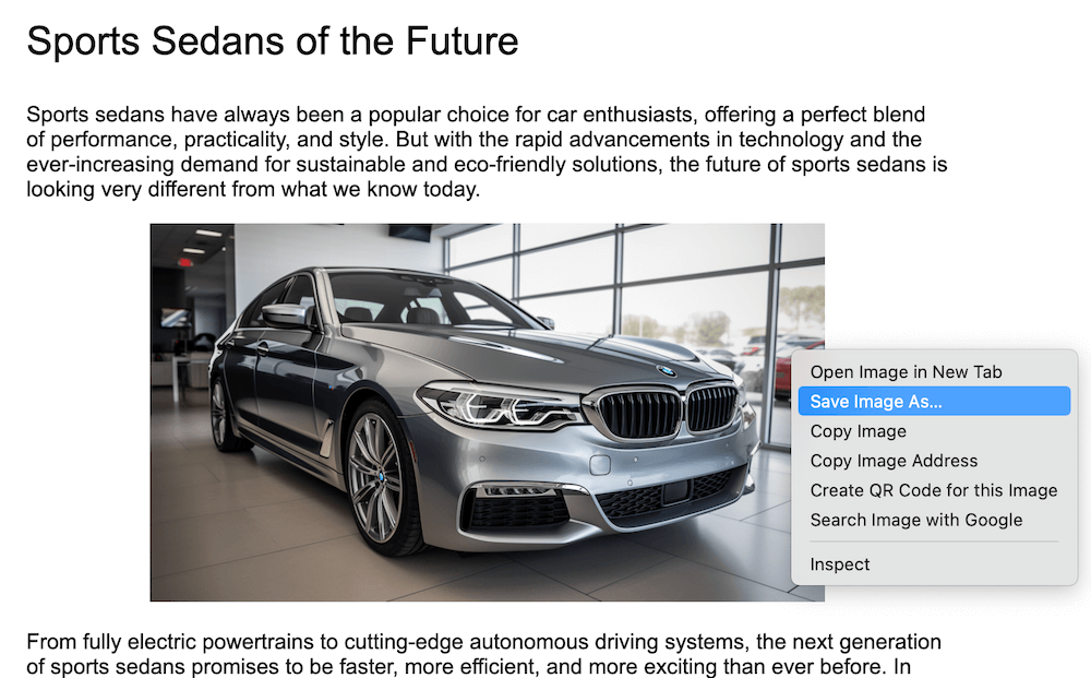 Published Google Doc in a browser with Save Image As selected from the right-click menu