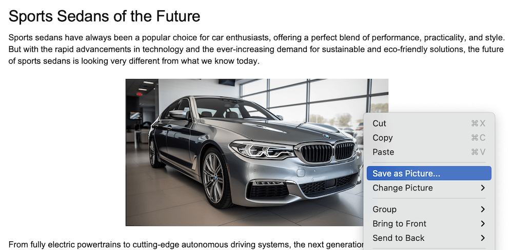 Microsoft Word right-click menu with Save as Picture selected on a car photo in a document