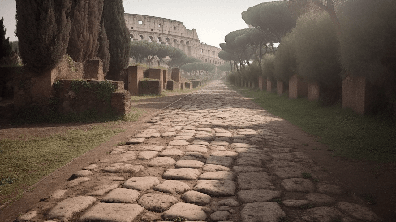 Ancient cobblestone road lined with pine trees leading to the Colosseum in Rome