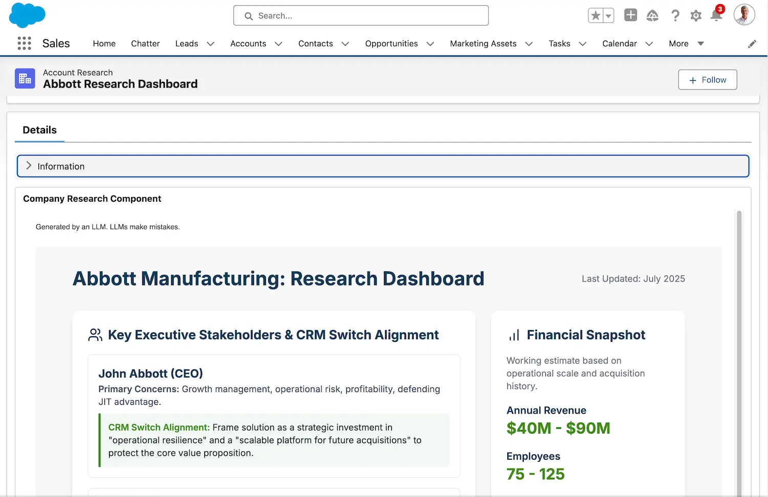 Google Gemini Company Research Dashboard in Salesforce