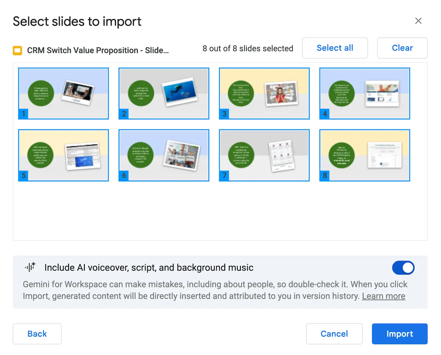 Import Slides to Vids - AI Voiceover, Script, Background Music