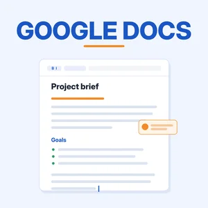 Google Docs guide: document page with a heading, text lines and a comment