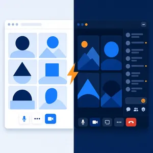 Illustration comparing two video meeting apps side by side: a browser-based meeting grid and a desktop meeting app with a chat sidebar