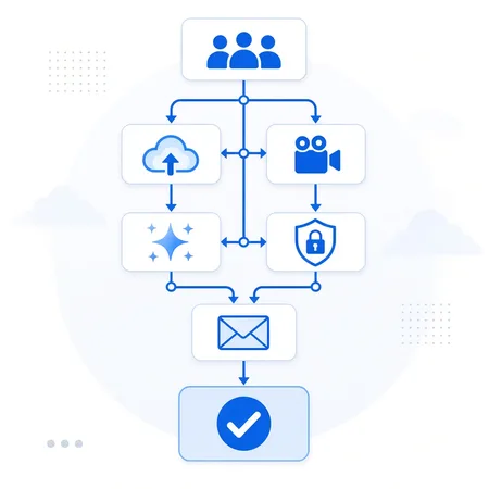 Illustration of a decision flowchart with cards for team, storage, video meetings, AI, security, and email leading to a checkmarked plan card