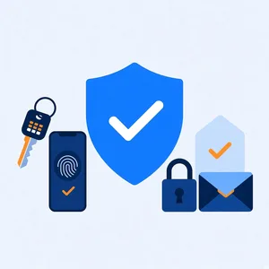 Illustration of a blue shield with a checkmark beside a security key, a phone showing a fingerprint prompt, a padlock, and an email envelope