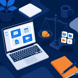 Illustration of a laptop with email, calendar, document, and video-call tiles beside a balance scale weighing coins against business apps