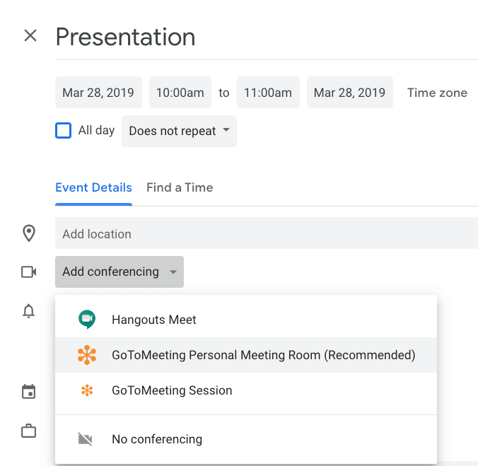 gotomeeting app within google calendar