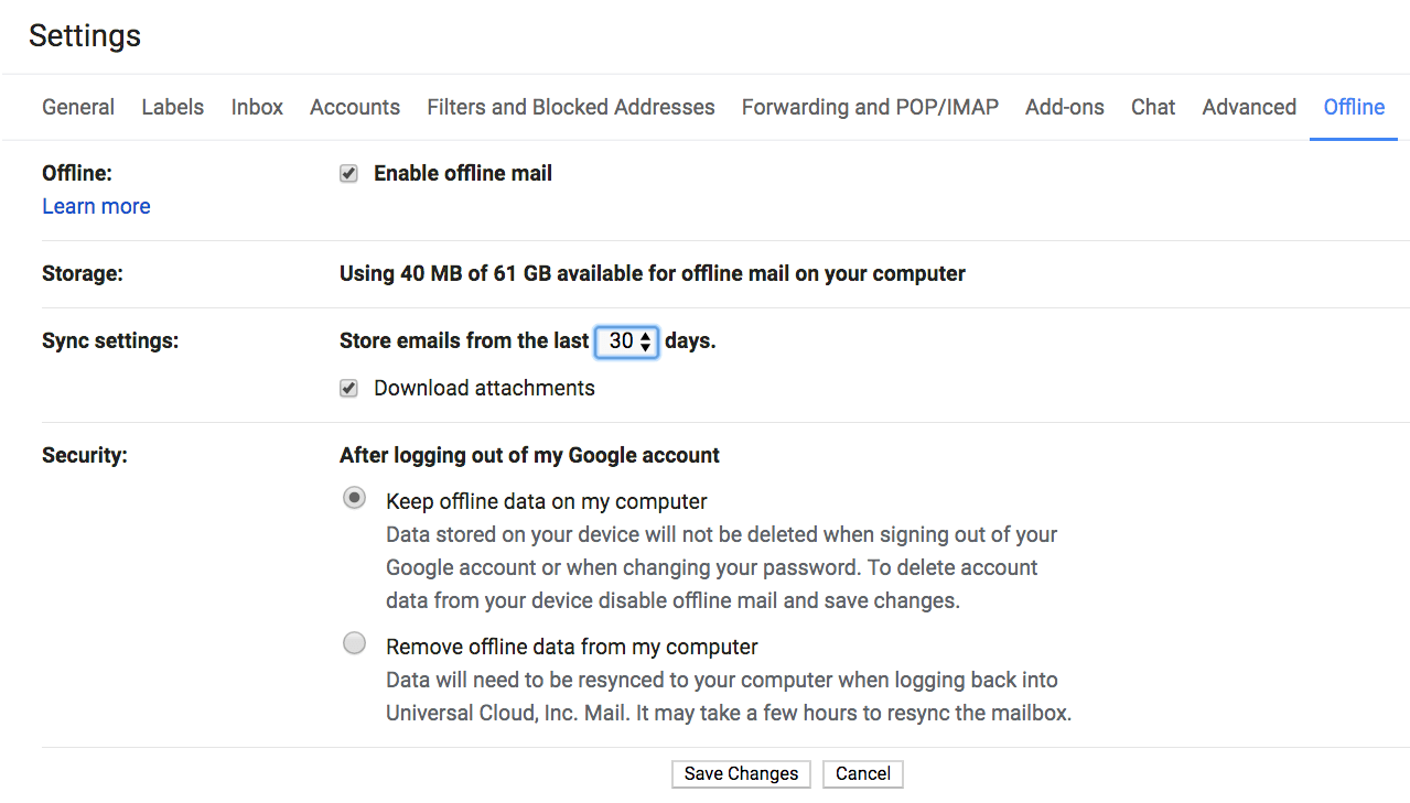 Gmail Offline Settings