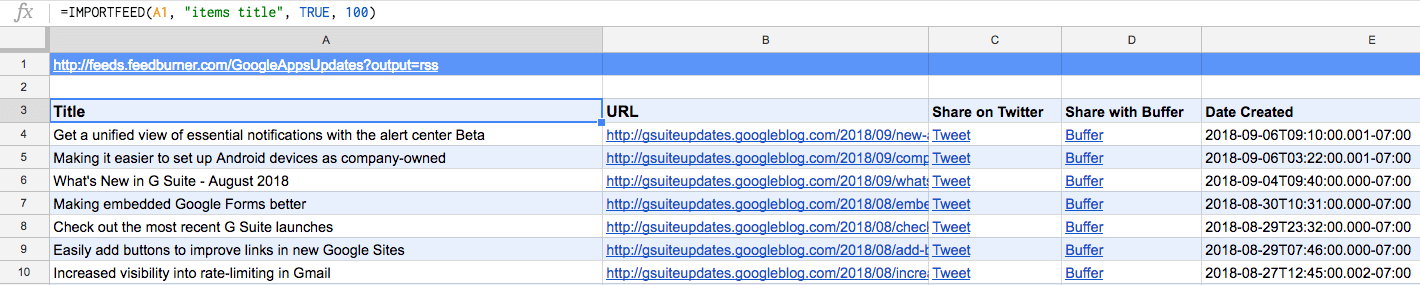 Google Sheets IMPORTFEED Google Workspace Updates