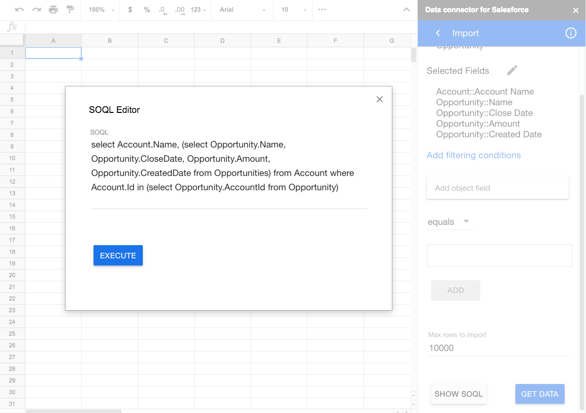 Google Sheets Salesforce SOQL Query