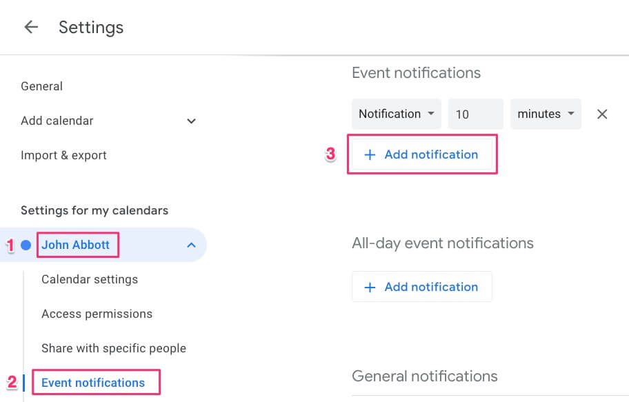 Calendar Settings Event Notifications