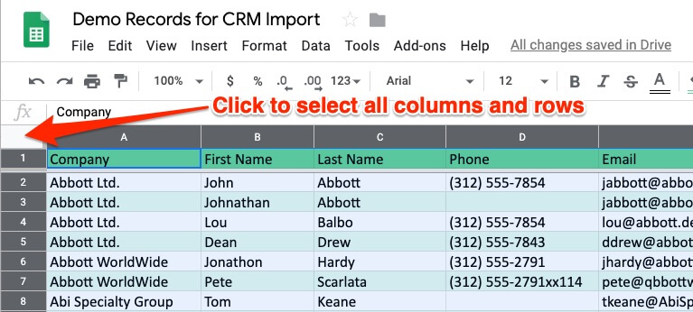 Google Sheets select all cells