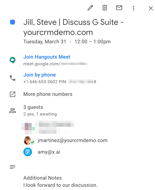 x.ai Scheduled Meeting in Google Calendar