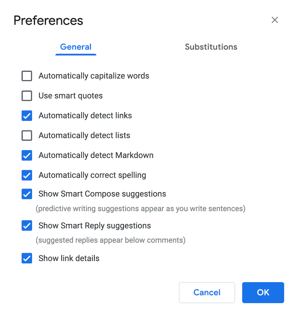 Google Docs General Preferences