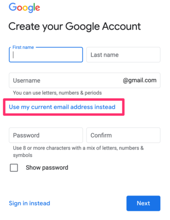 Create Google Account: Use Current Email