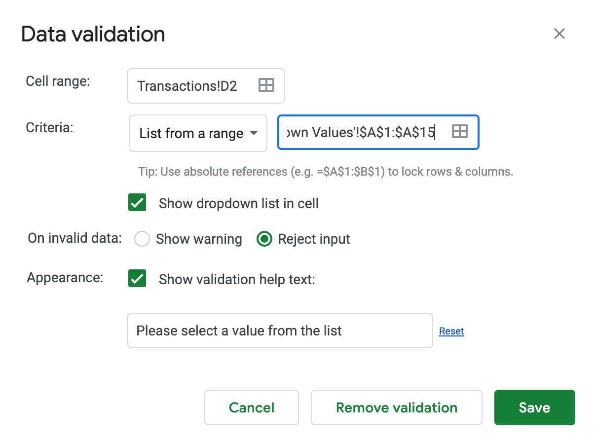 Google Sheets Data Validation Dialog