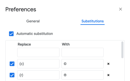 Google Docs Automatic Substitutions