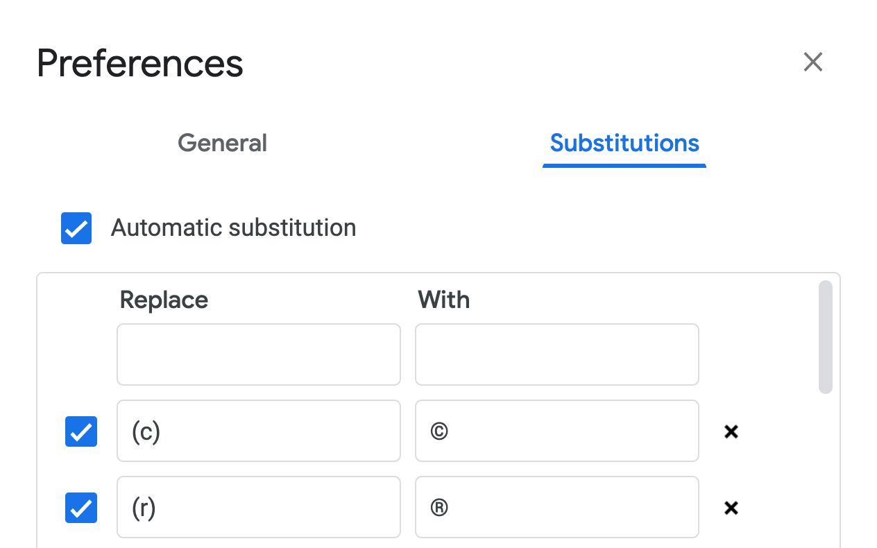 Google Docs Automatic Substitutions