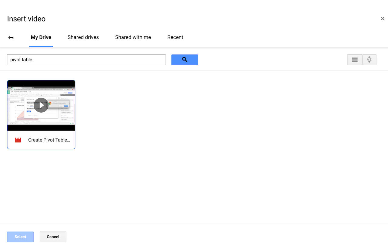 Insert video: search Google Drive