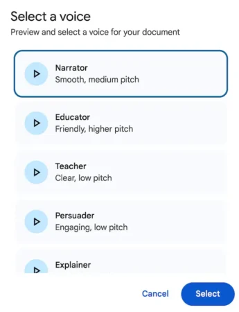Google Docs Voice Selector