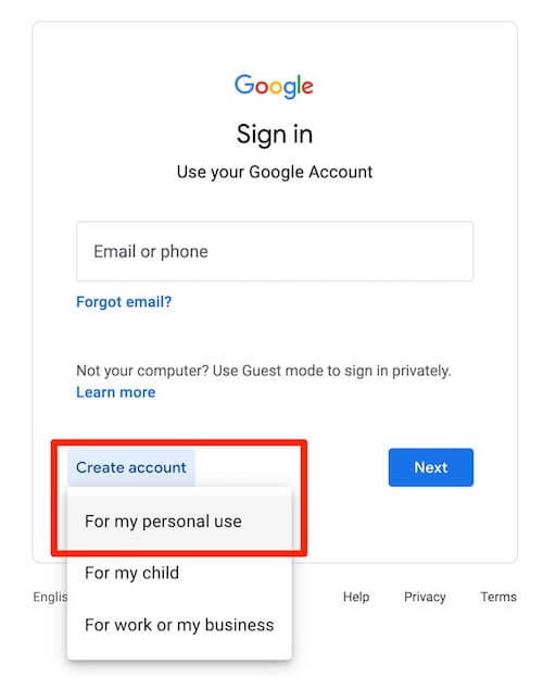 Create Google Account - Personal Use