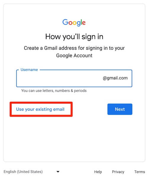 Google Account - Use Existing Email