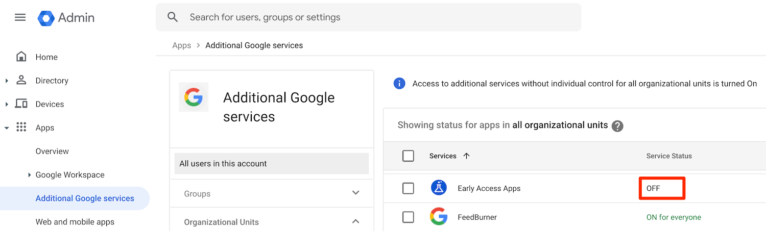 Google Workspace Admin Early Access Apps