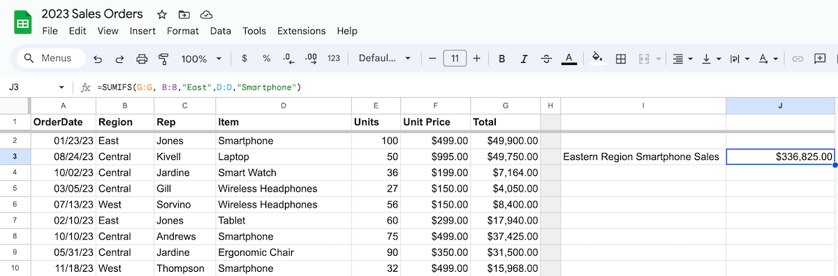 SUMIFS example in Google Sheets