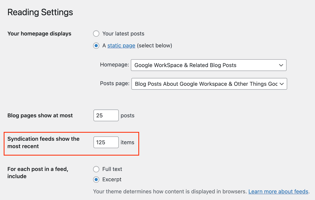 WordPress Reading Settings